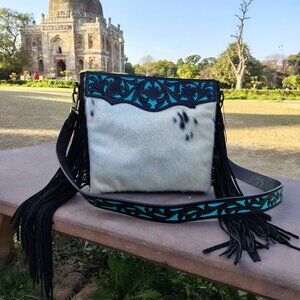 Western Fringe Purse, Tooled Cowhide Tote Bag with Detachable Crossbody Strap
